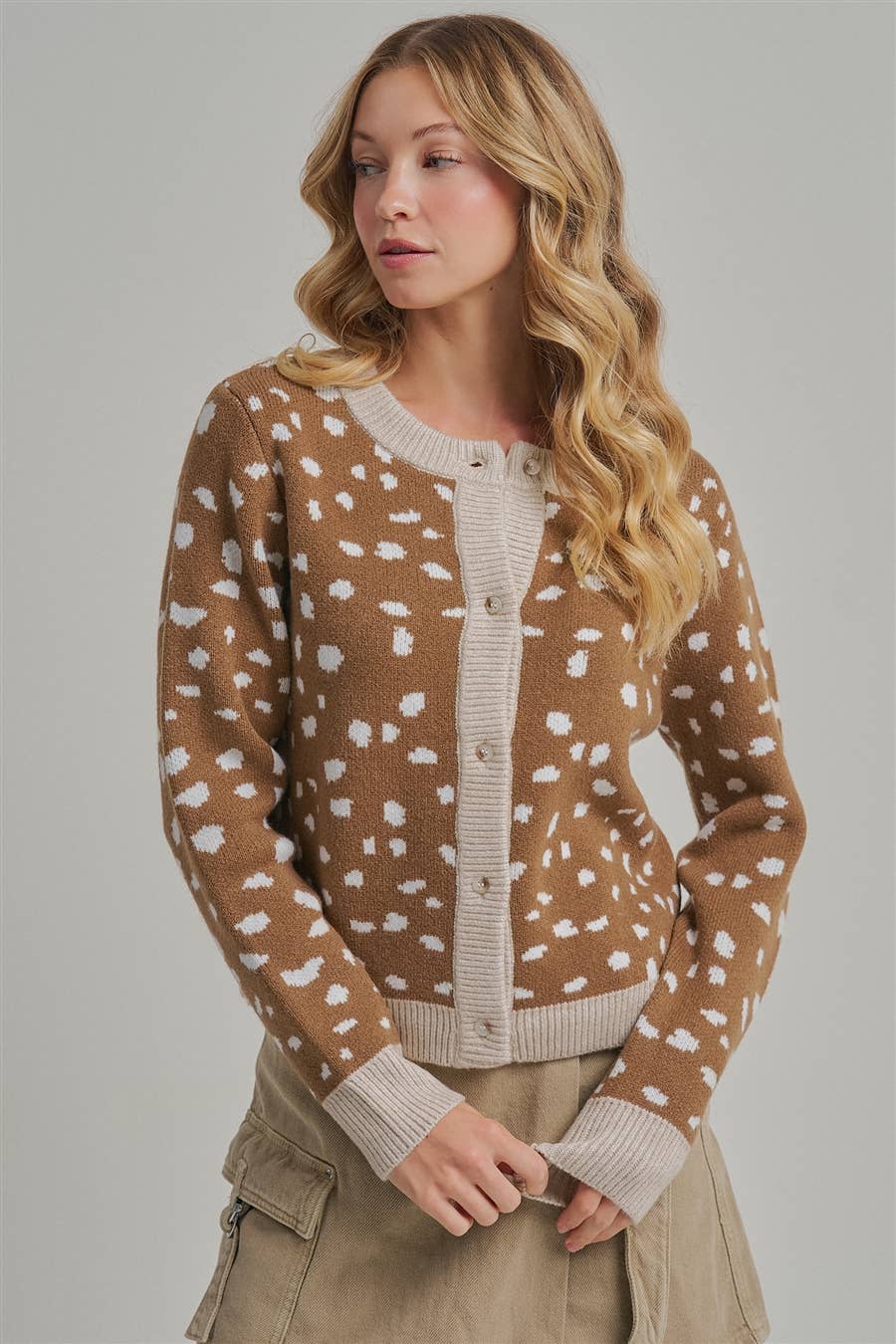 Deer Pattern Contrast Trim Cardigan