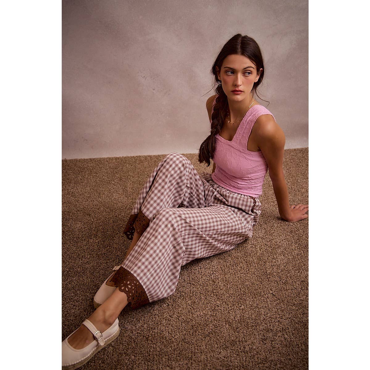 Gingham Lace Trim Wide Leg Pant