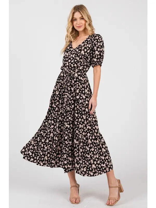 V-Neck Waist Tie Maxi Dress