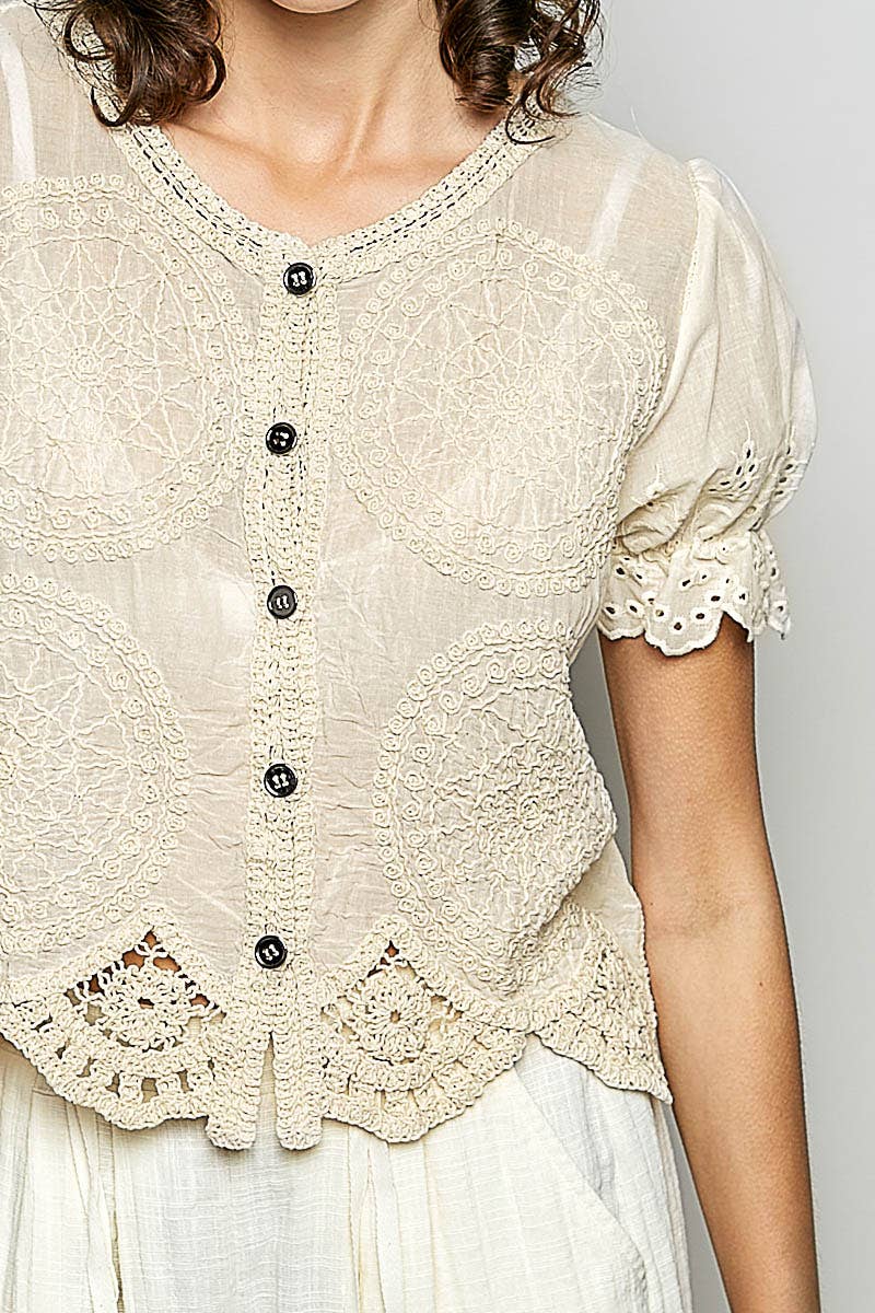 O/S Short Sleeve Button Crochet Top
