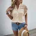 Eyelet Lace Short Sleeve Button-Up Blouse