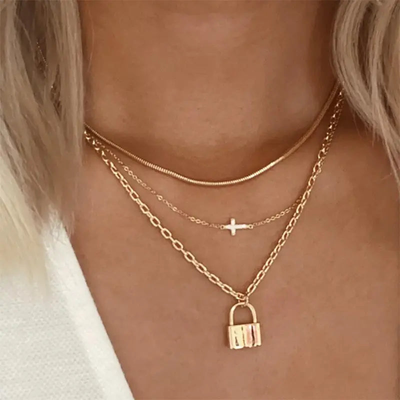 Layered Cross & Lock Charm Necklace