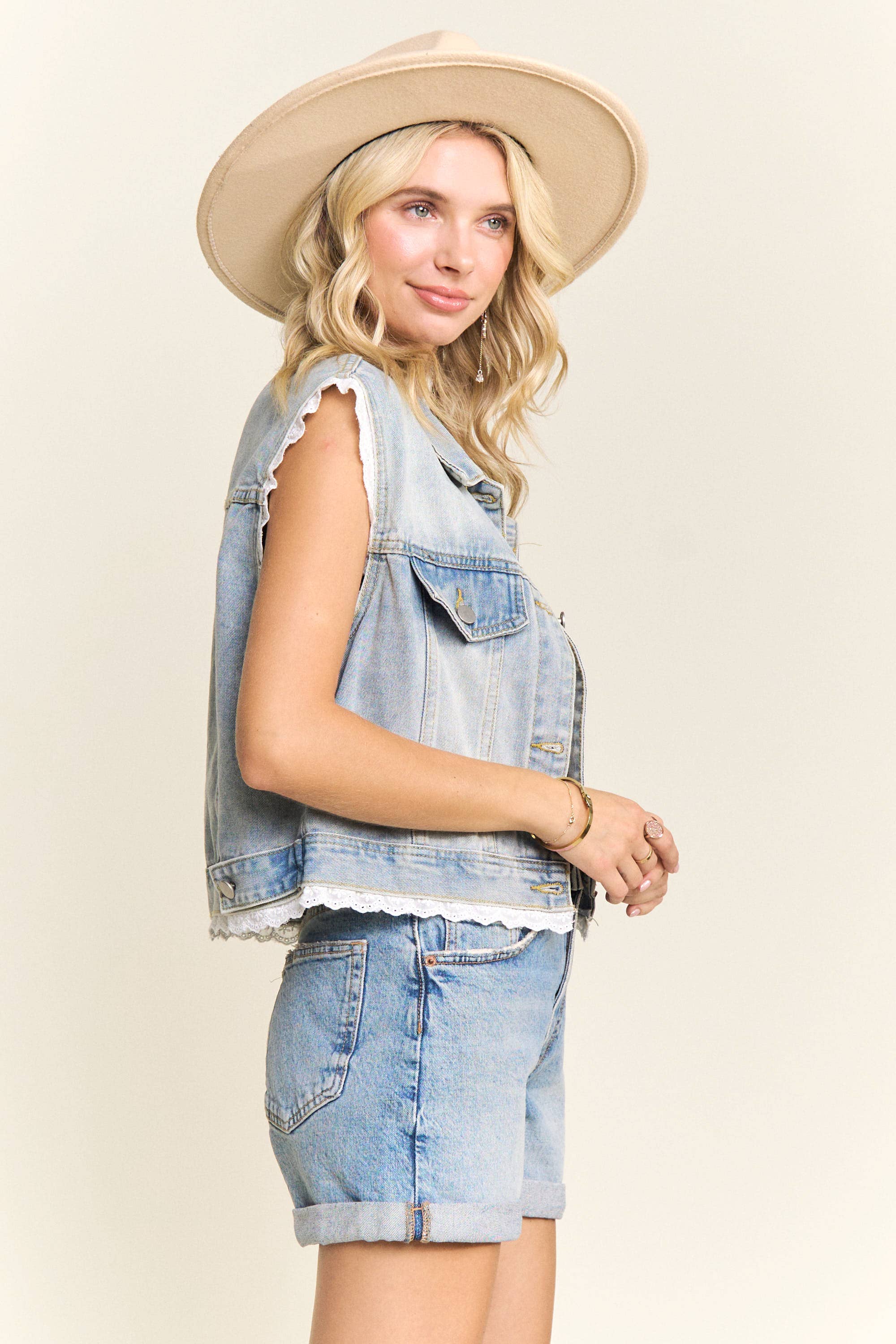 DENIM VEST WITH LACE TRIM