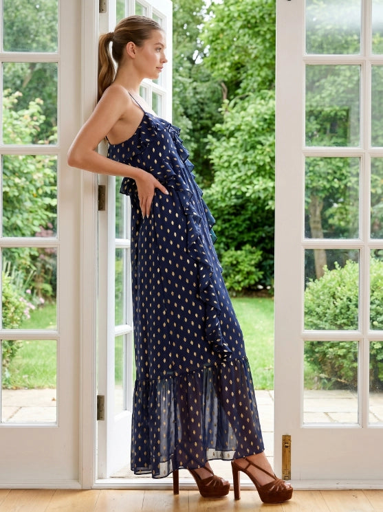 Chiffon Gold Foil Pattern Print Maxi Dress