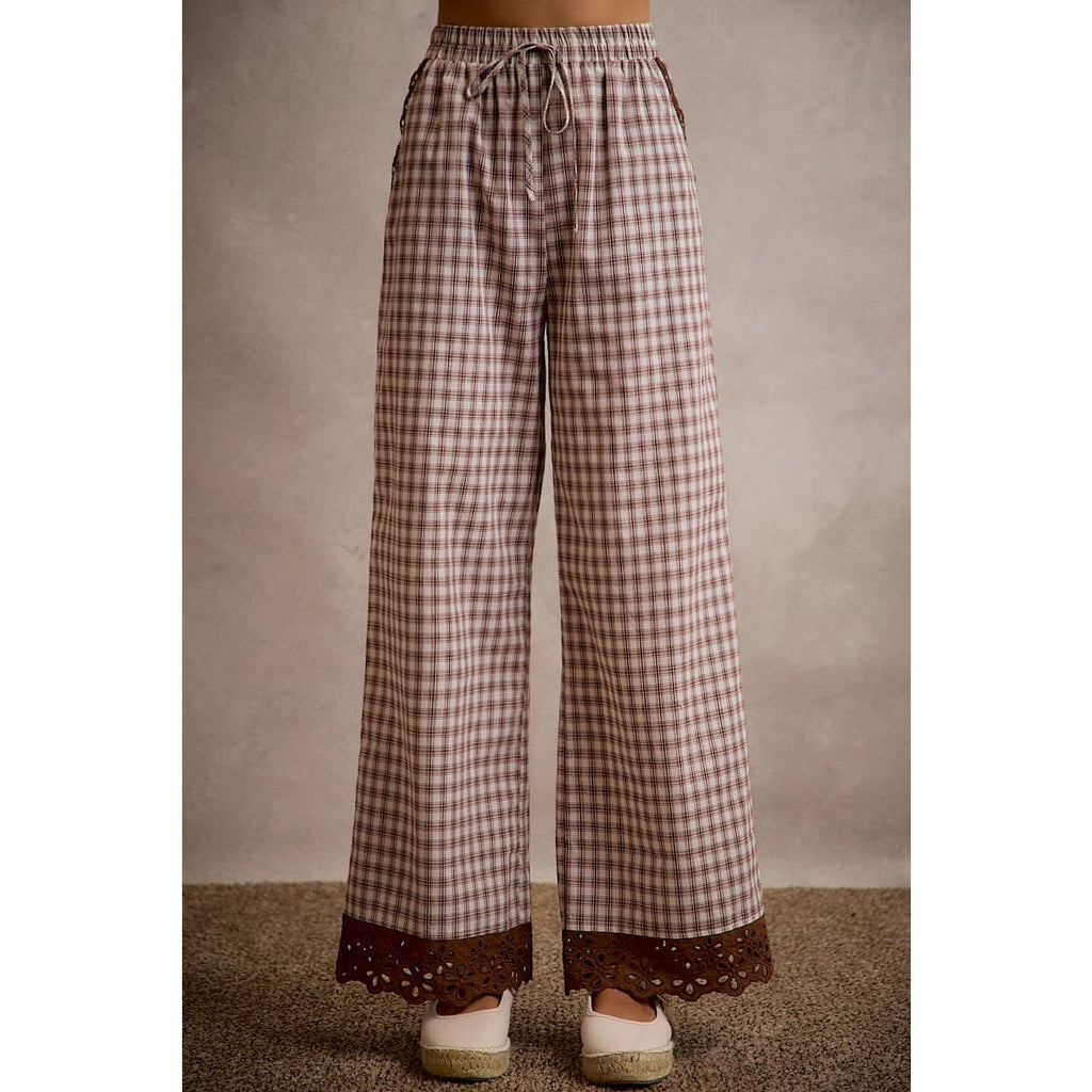 Gingham Lace Trim Wide Leg Pant