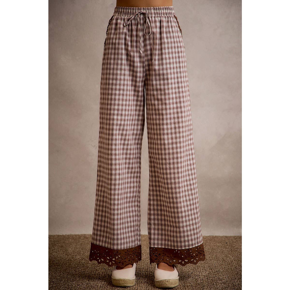 Gingham Lace Trim Wide Leg Pant