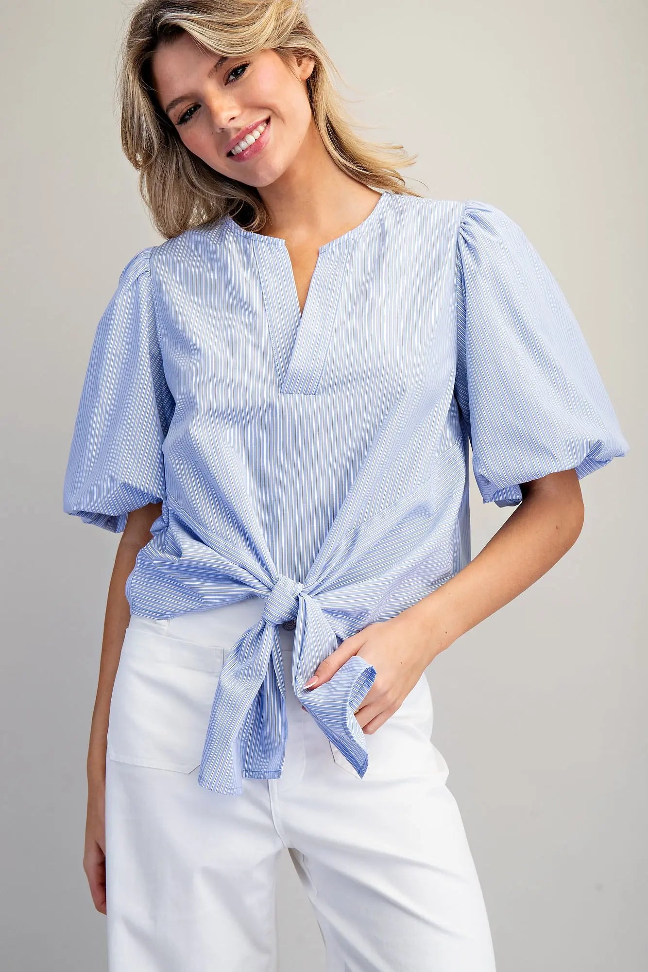 French Blue Striped Tie Blouse
