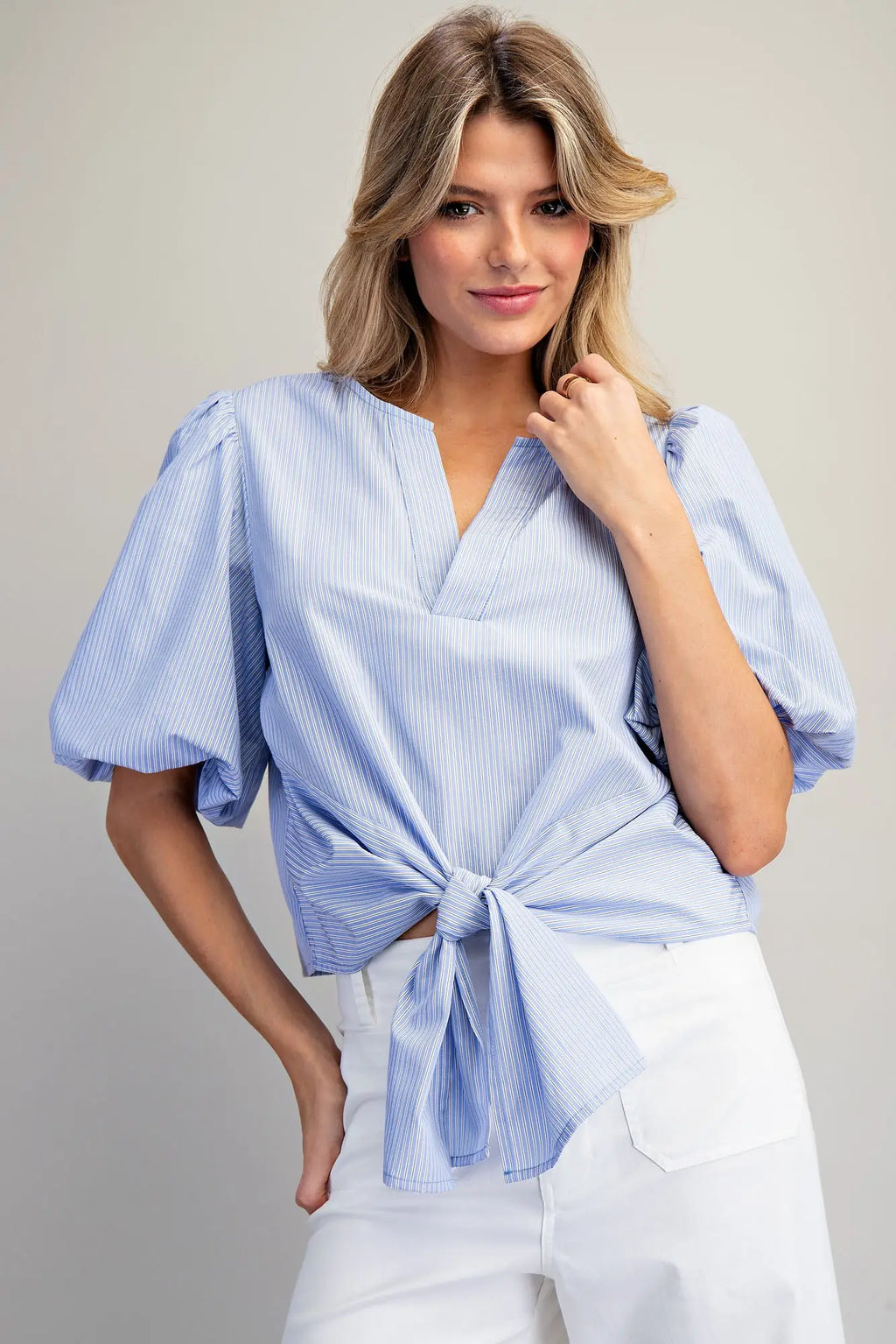 French Blue Striped Tie Blouse