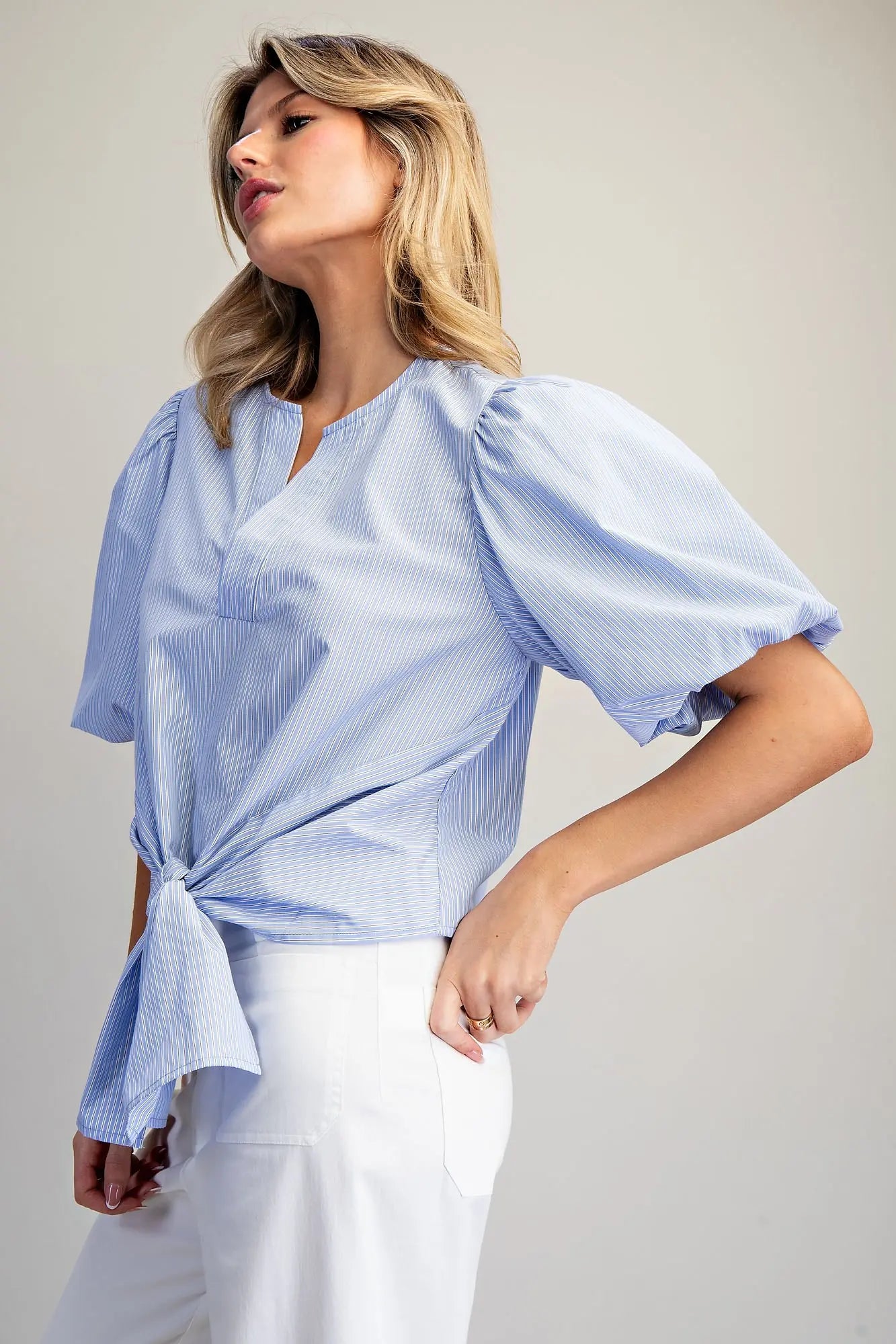 French Blue Striped Tie Blouse