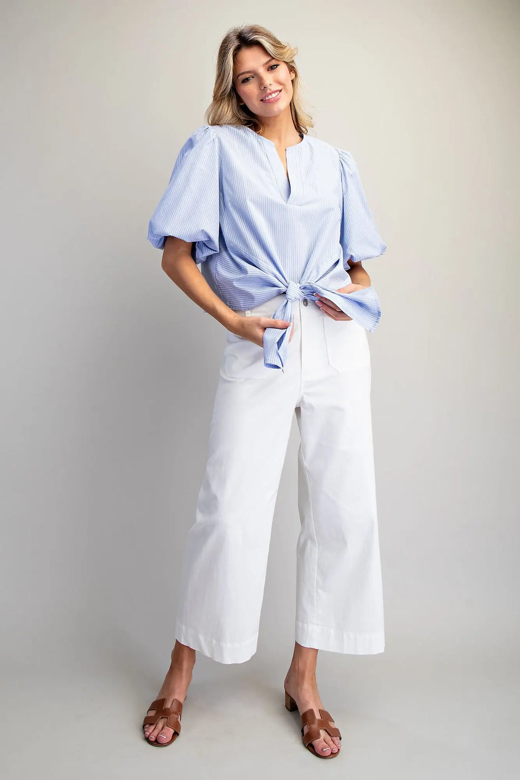 French Blue Striped Tie Blouse
