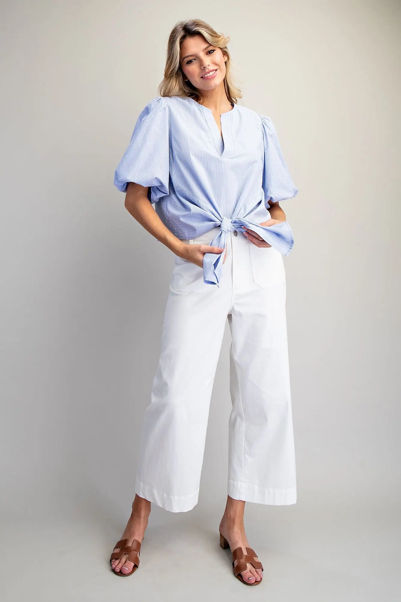 French Blue Striped Tie Blouse