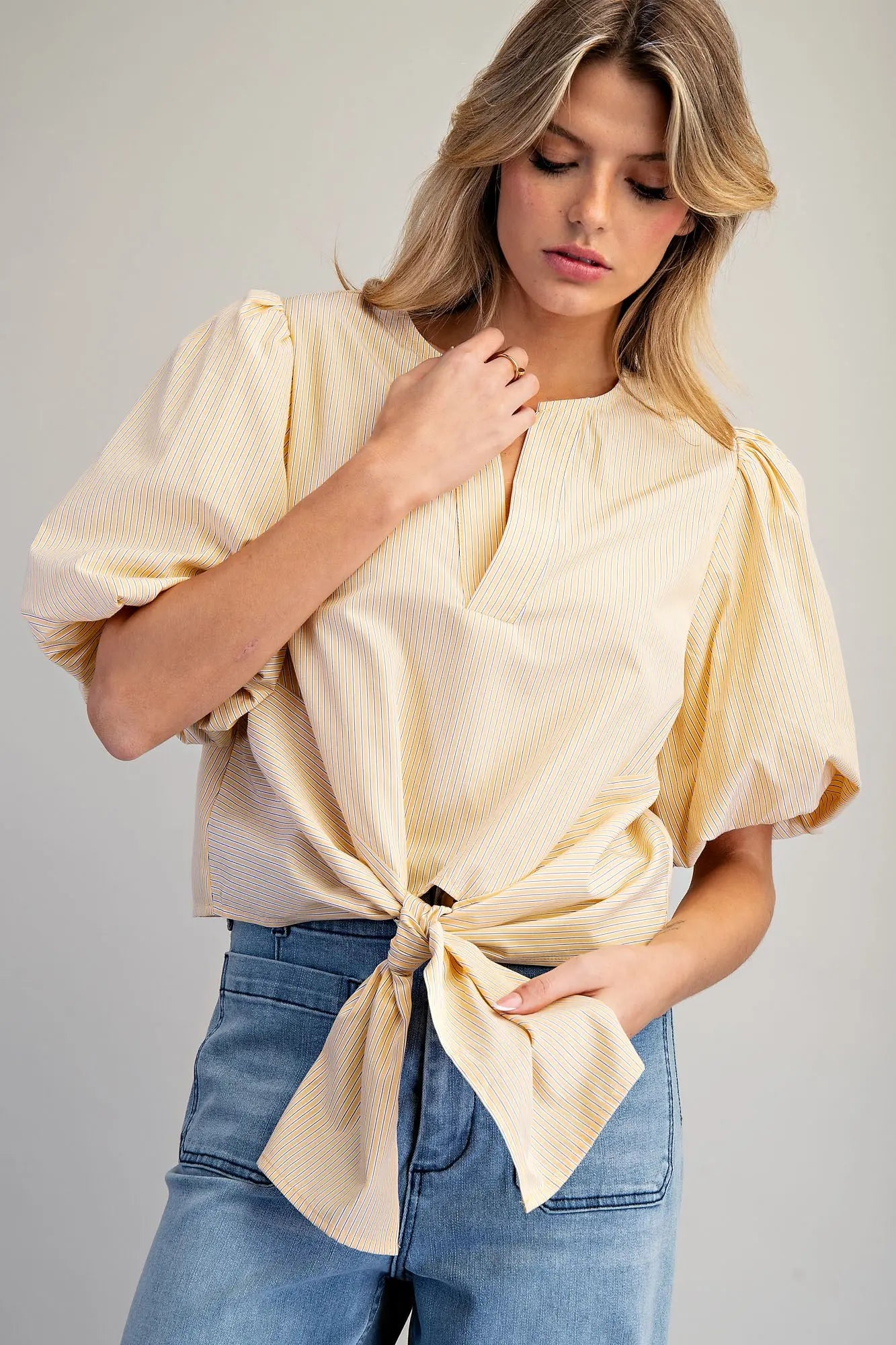 Honey Butter Striped Tie Blouse
