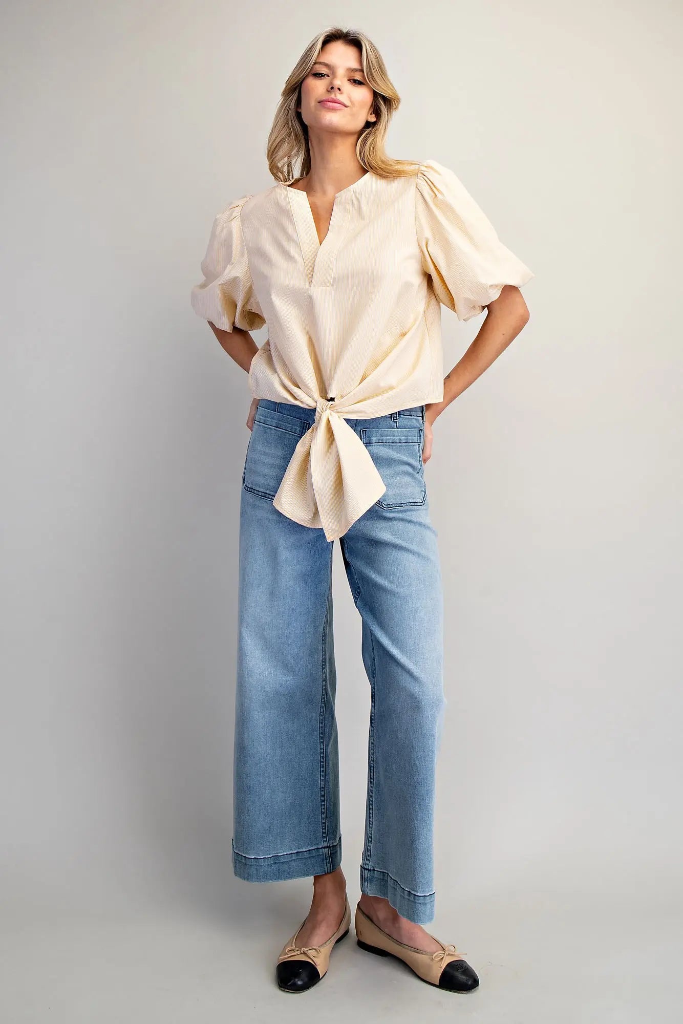 Honey Butter Striped Tie Blouse