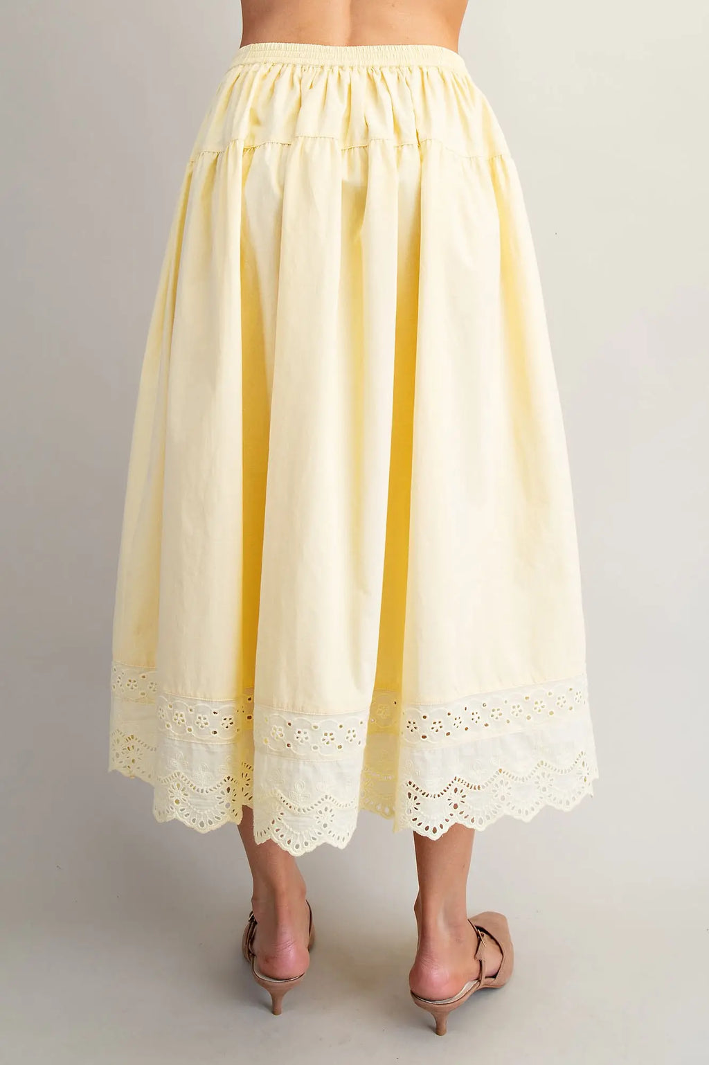 Butter Yellow Eyelet Hem Tiered Midi Skirt