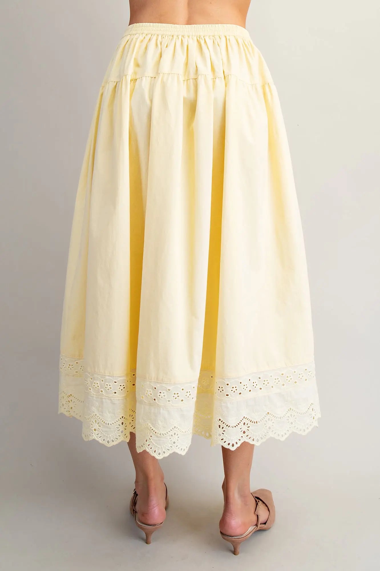 Butter Yellow Eyelet Hem Tiered Midi Skirt