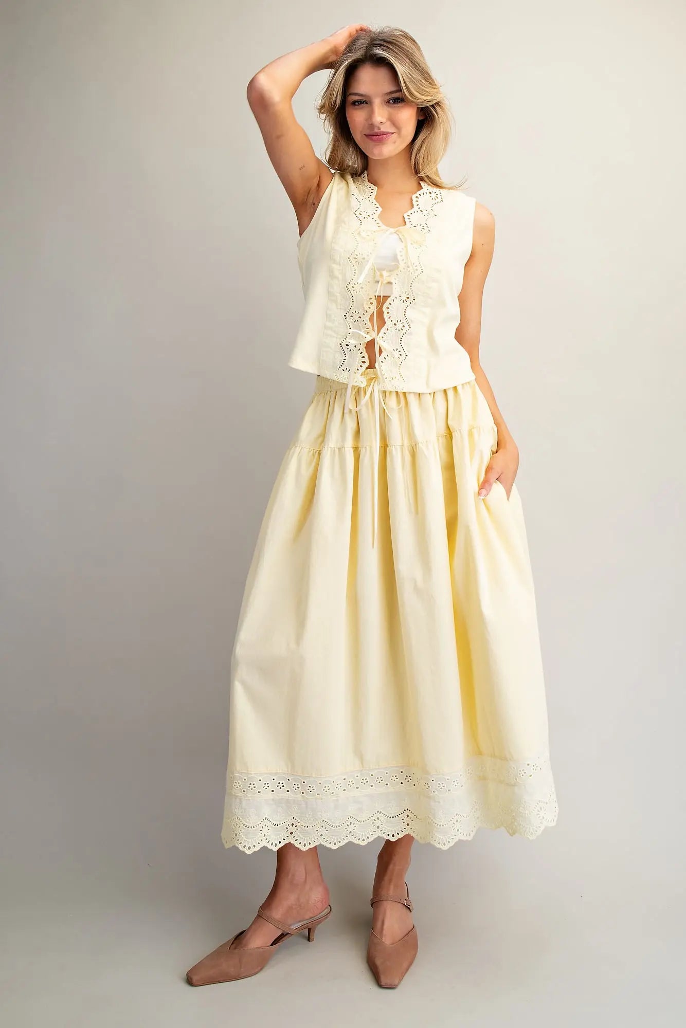 Butter Yellow Eyelet Hem Tiered Midi Skirt