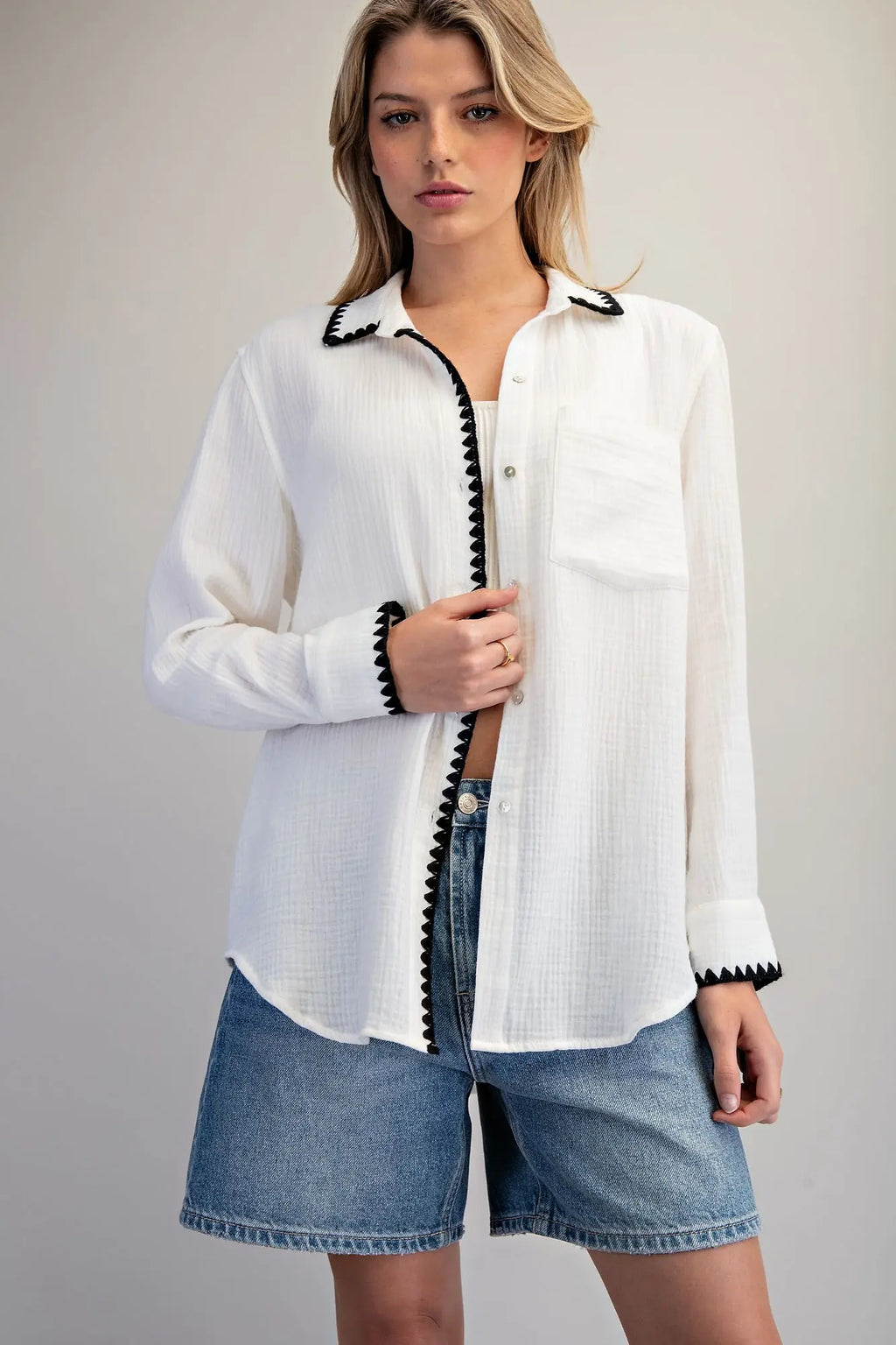 Scallop Trim Cotton Gauze Shirt