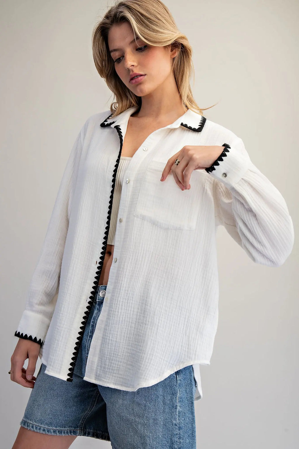 Scallop Trim Cotton Gauze Shirt