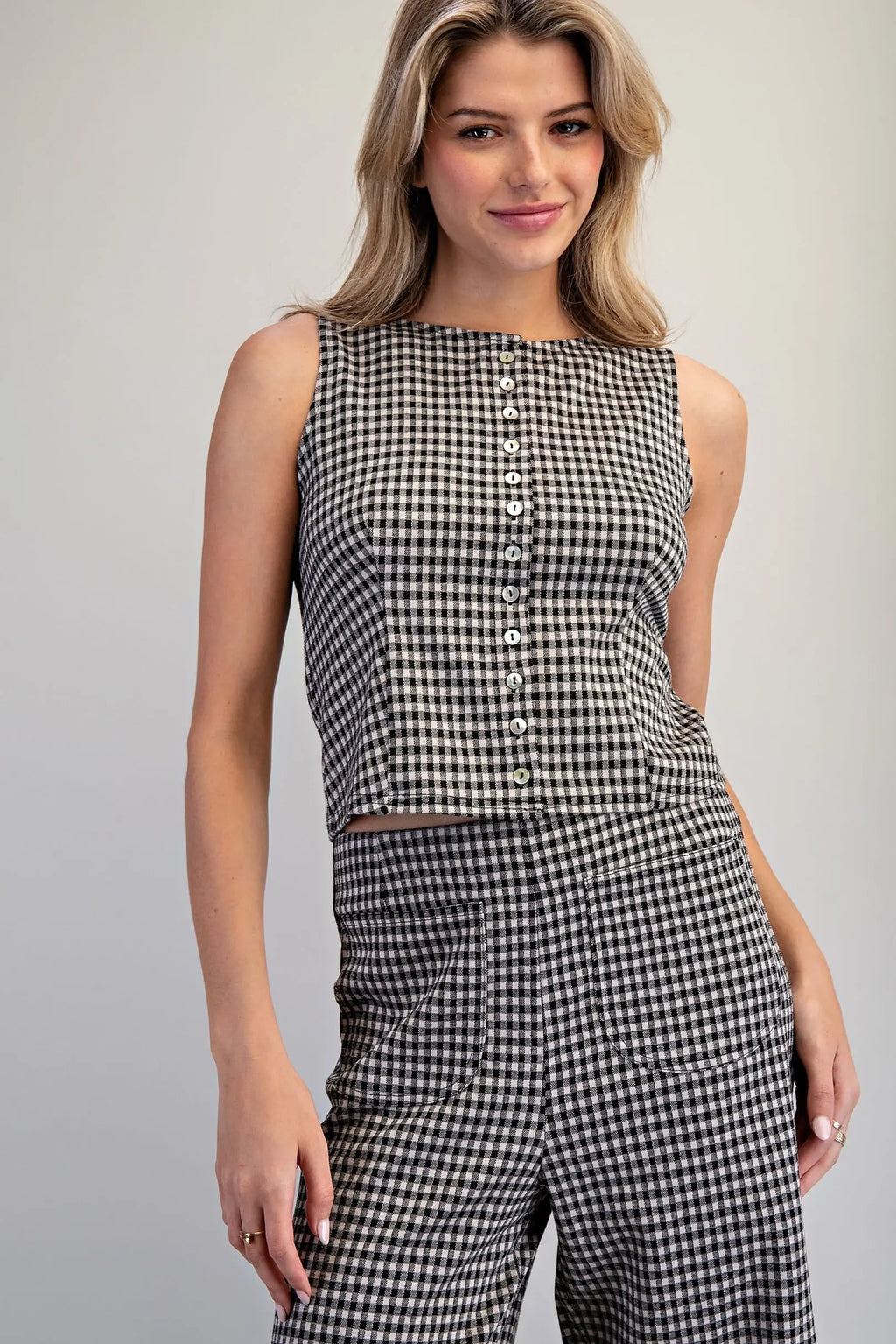 Black Gingham Button Detail Top