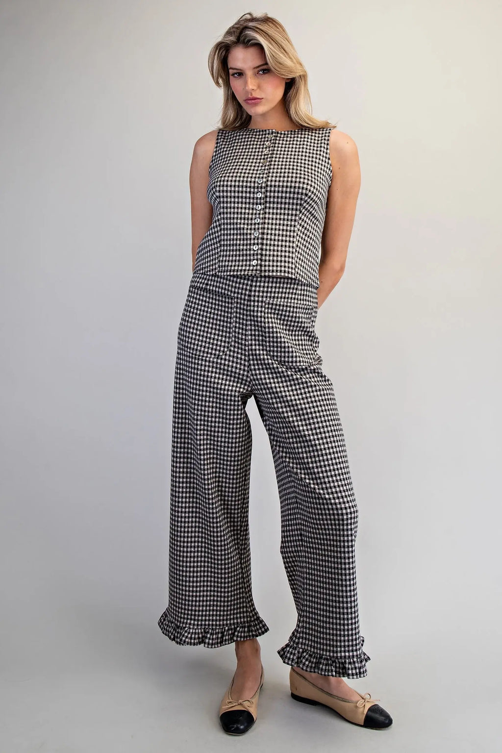 Black Gingham Button Detail Top
