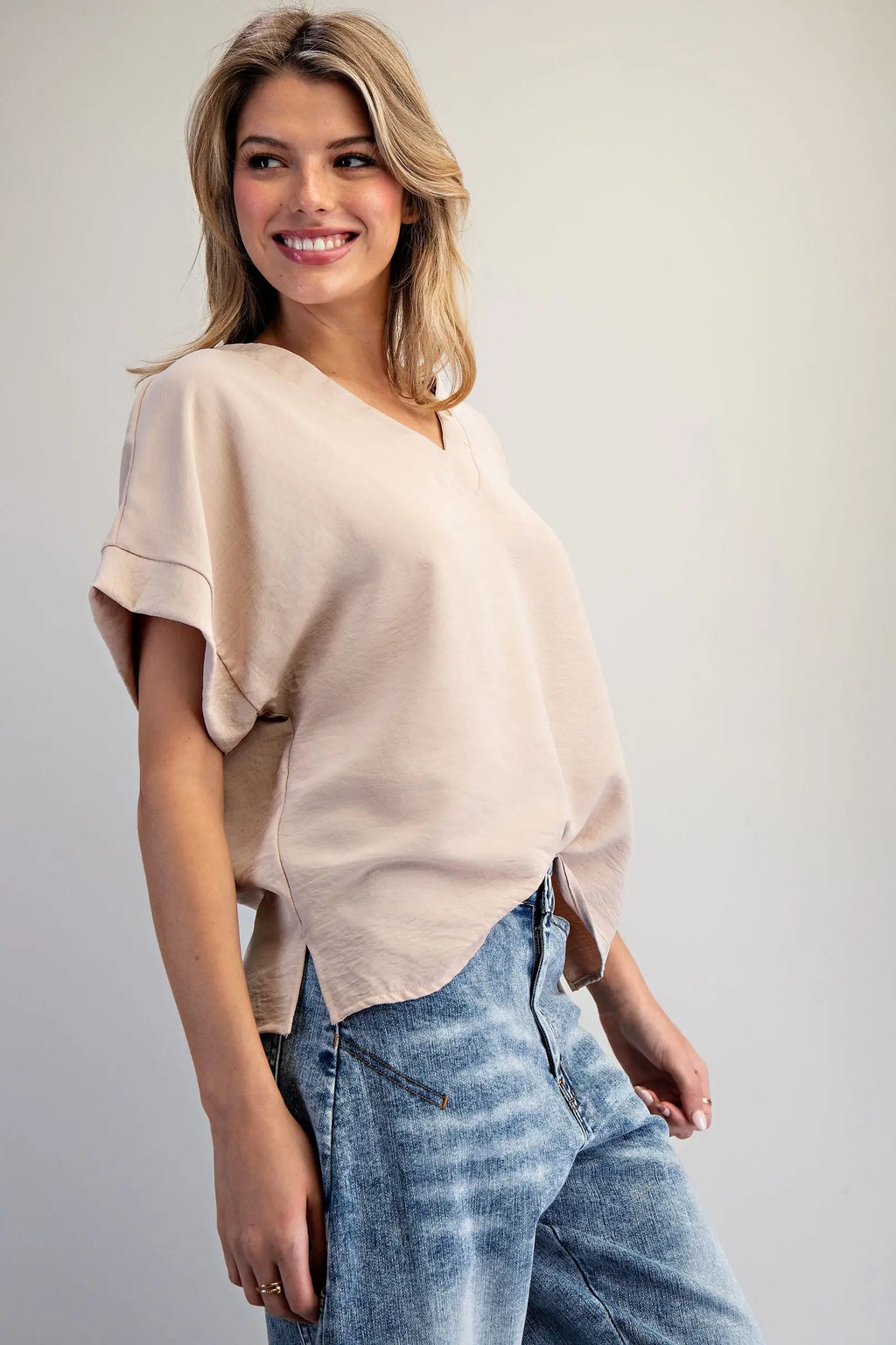 Taupe V-Neck Blouse
