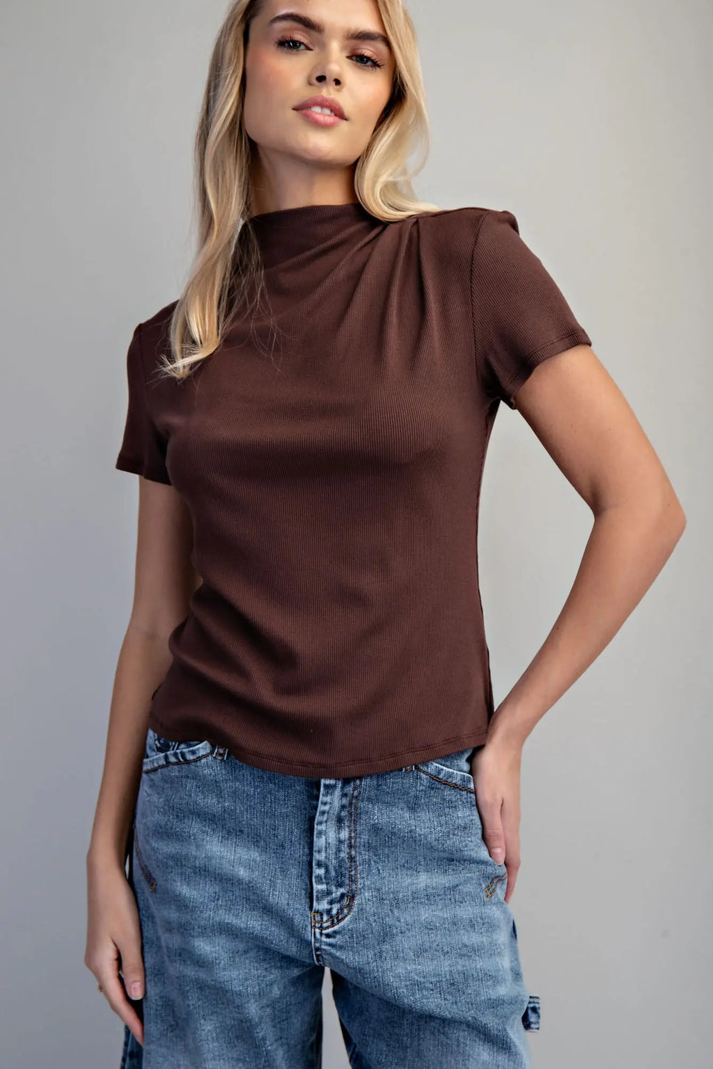 Mock Neck Ribbed Short Sleeve