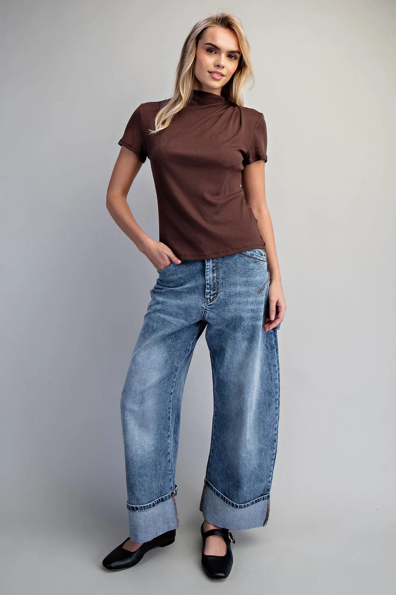 Mock Neck Ribbed Short Sleeve
