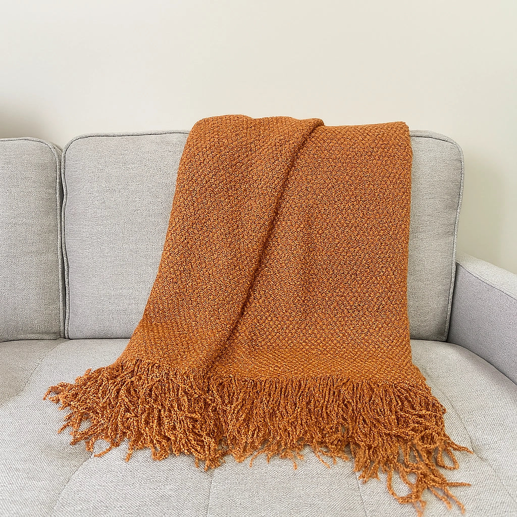 Knit Textured Throw Blanket with Fringe