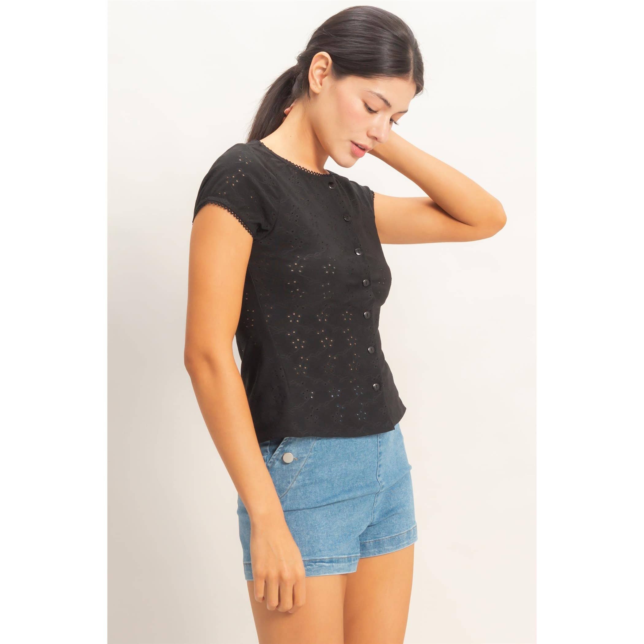 Black Eyelet Button Front Top