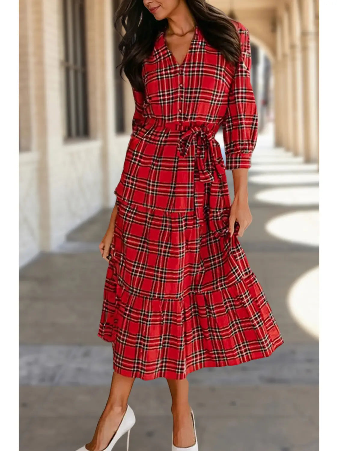 Christmas Plaid Sleeve Ruffle Dress