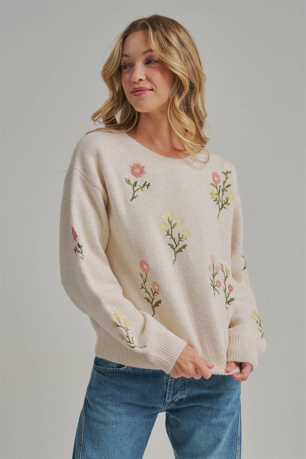 Scattered Embroidered Floral Sweater