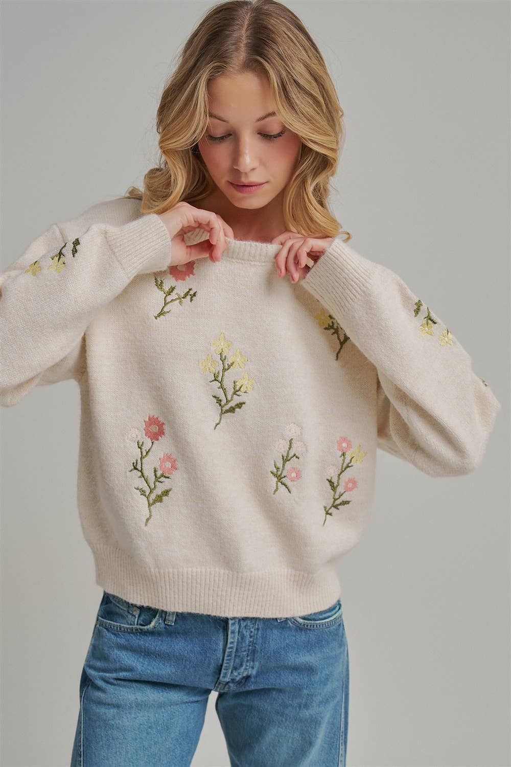 Scattered Embroidered Floral Sweater