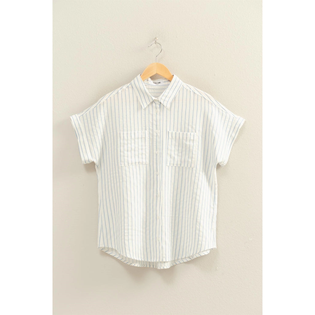 Striped Blue Button-Up Dolman Sleeve Shirt