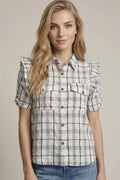 PLAID RUFFLE SLEEVE BUTTON DOWN