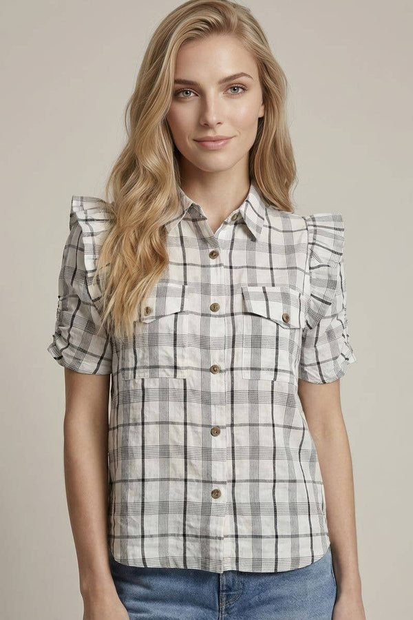 PLAID RUFFLE SLEEVE BUTTON DOWN