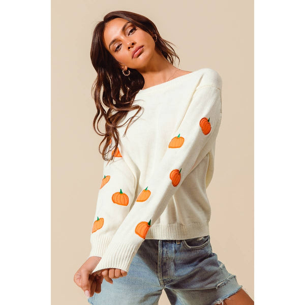 Pumpkin Embroidered Sweater