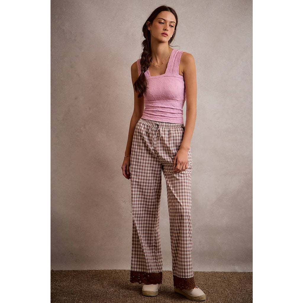 Gingham Lace Trim Wide Leg Pant