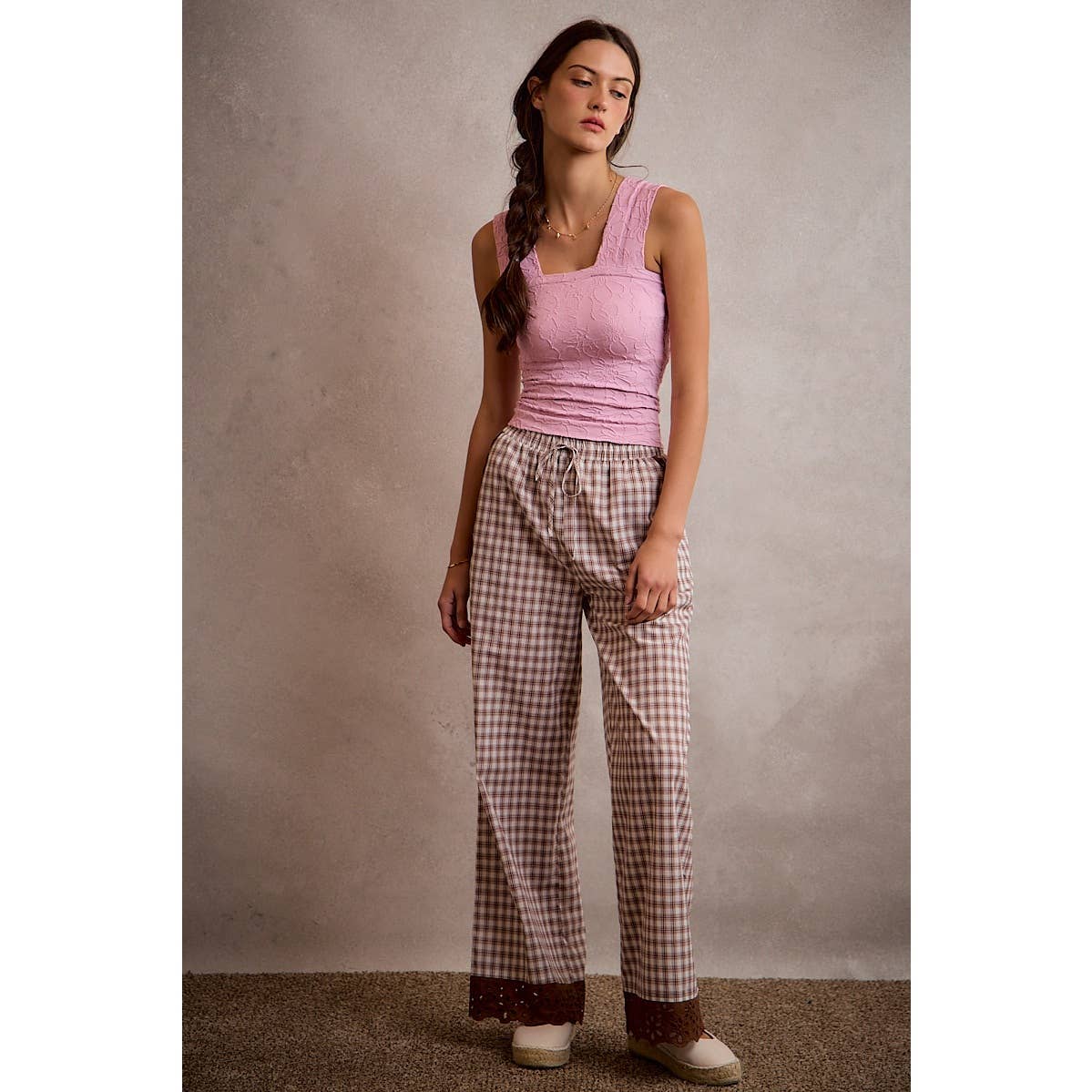 Gingham Lace Trim Wide Leg Pant
