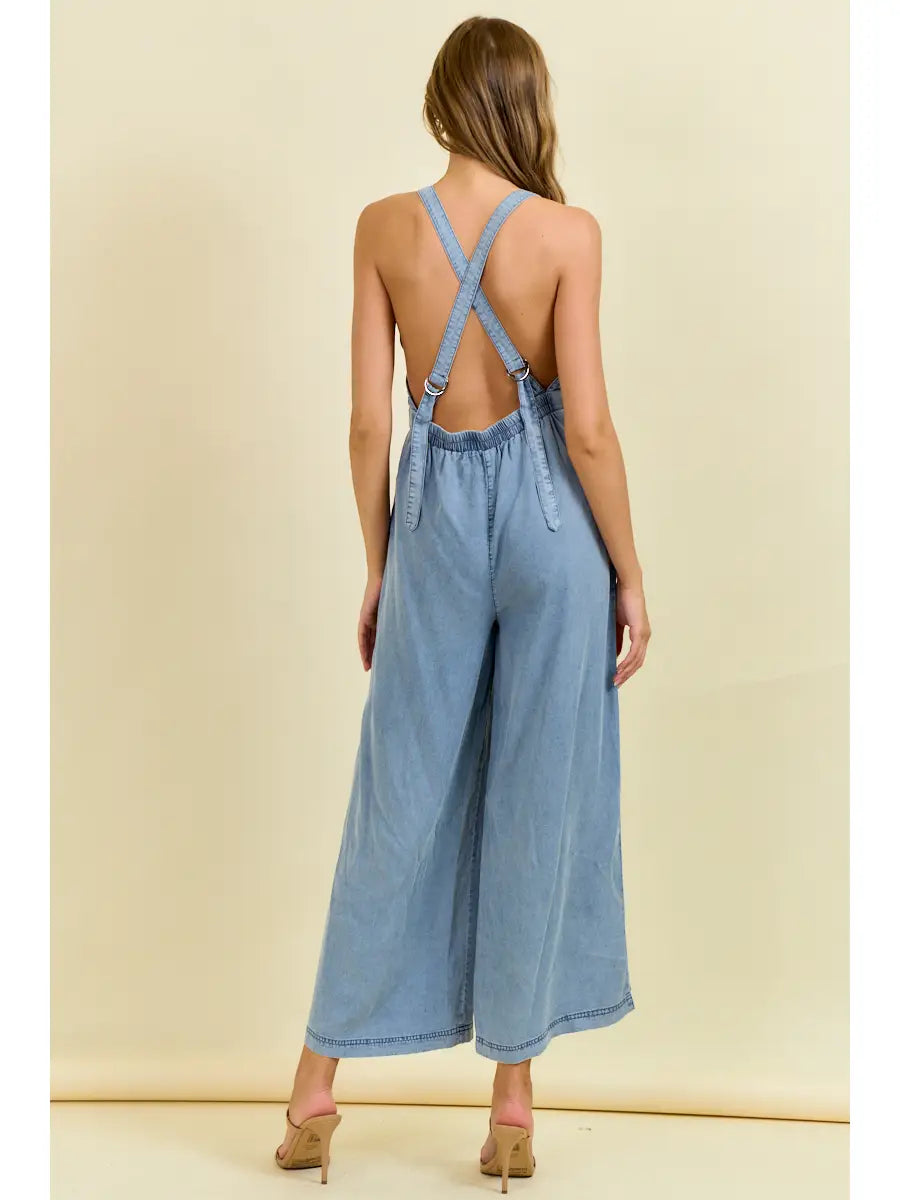 Tencel Denim Front Tie Wide Leg Jumpsuit