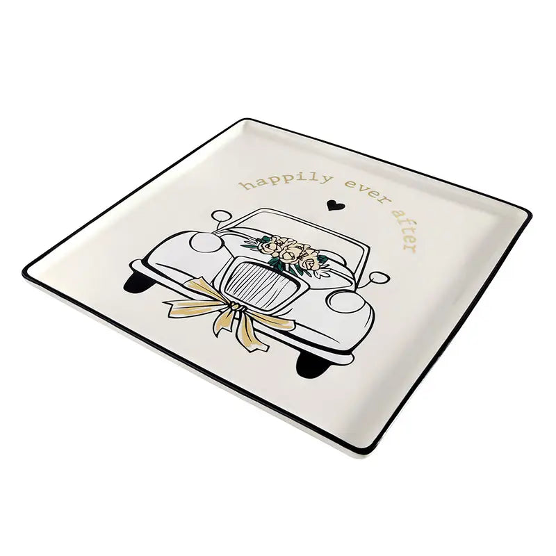 Wedding Car Ceramic Platter – Square Serving Tray with Gold Foil Detail