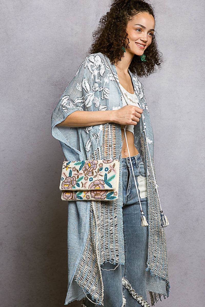 Floral Beaded Chain Strap Ivory Bag