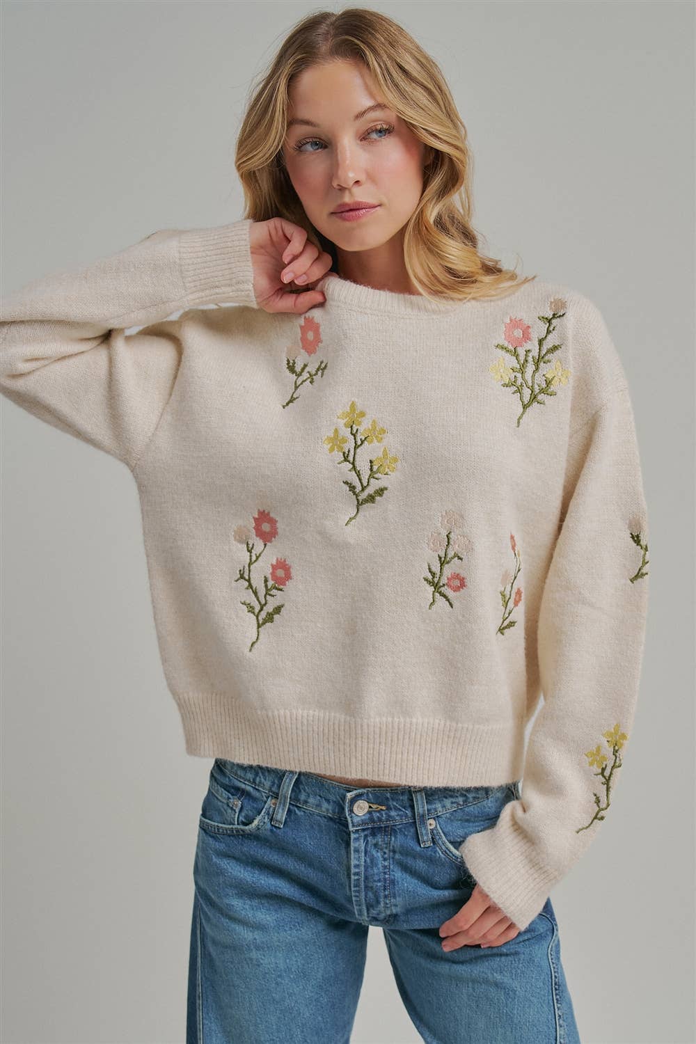 Scattered Embroidered Floral Sweater