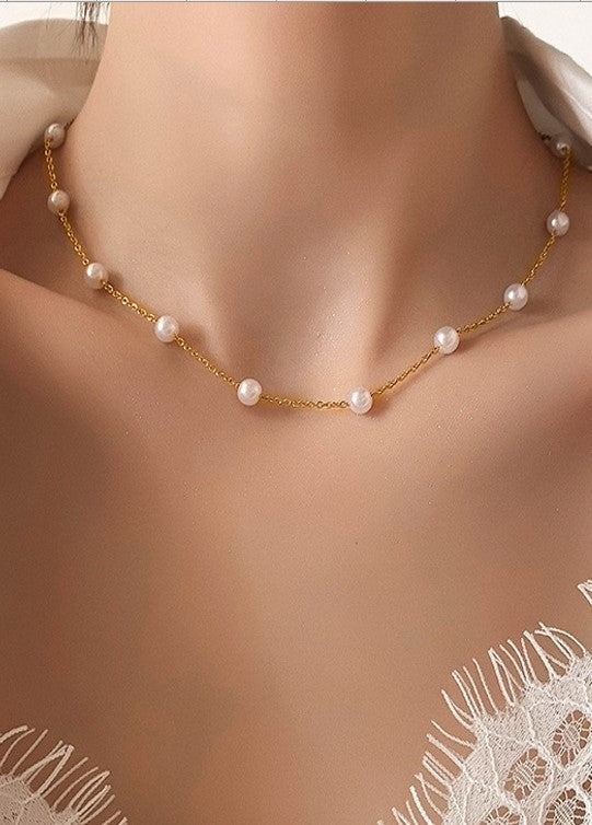 Titanium Steel Gold Non-Tarnish Classic Pearl Necklace