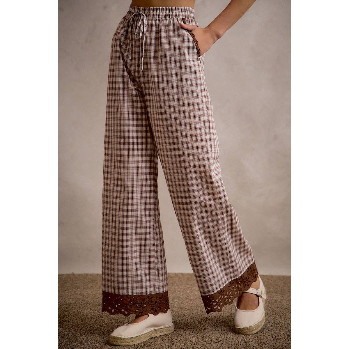 Gingham Lace Trim Wide Leg Pant
