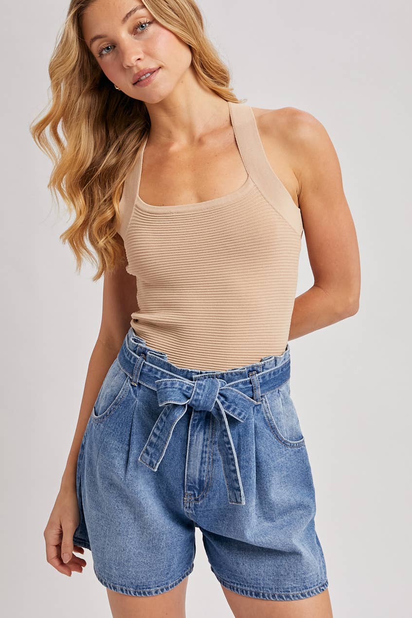 DENIM HIGH-WAIST SELF-TIE BOW SHORTS