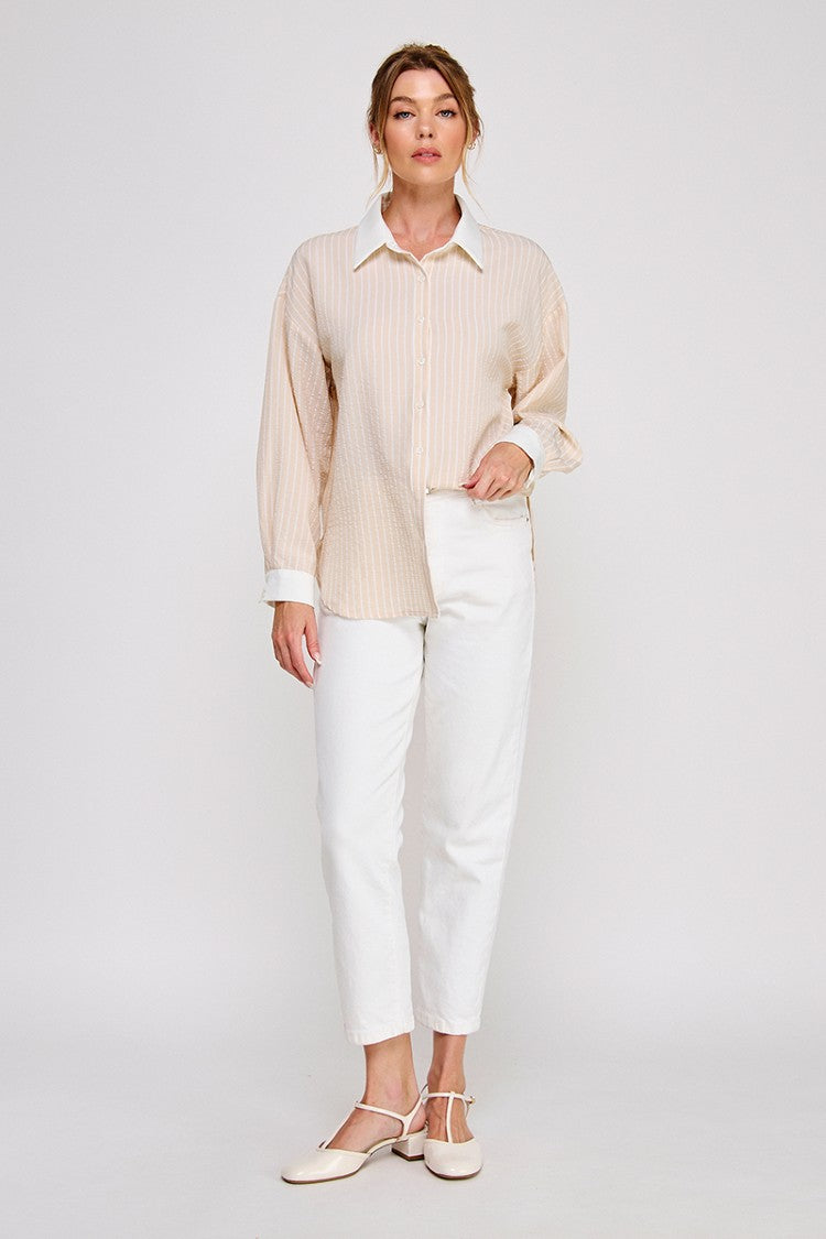 Sand Crinkle Strip Button Up