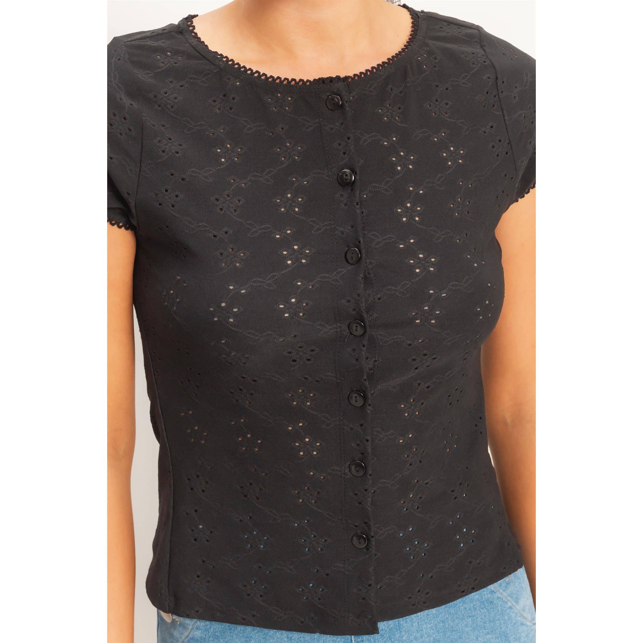 Black Eyelet Button Front Top
