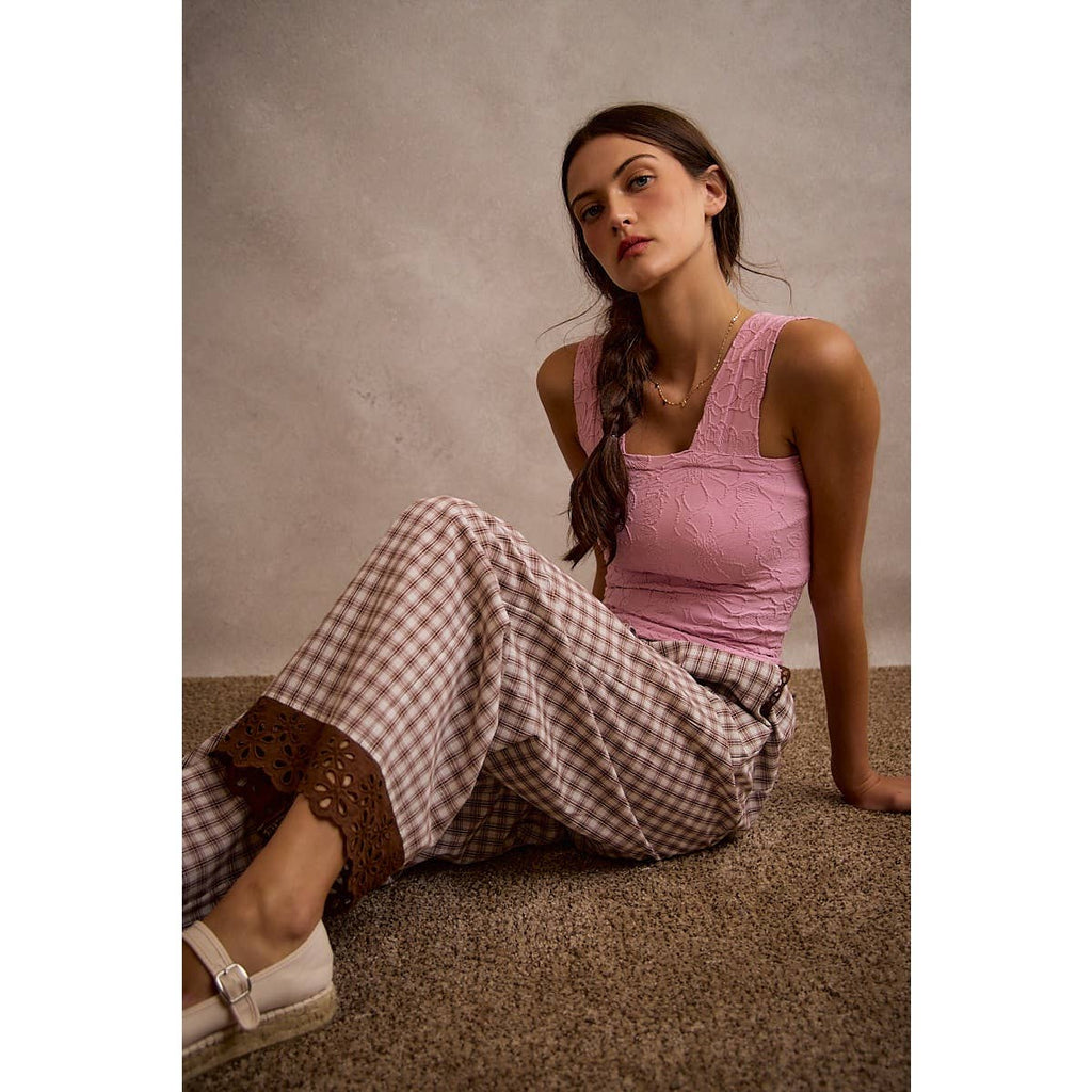 Gingham Lace Trim Wide Leg Pant