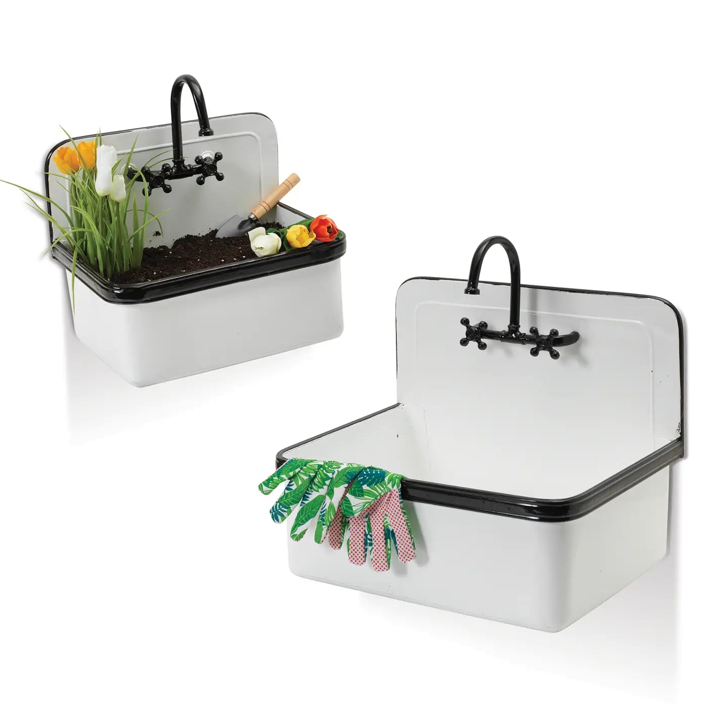 S/2 Metal Antique Sink Planters w/ Faucet,