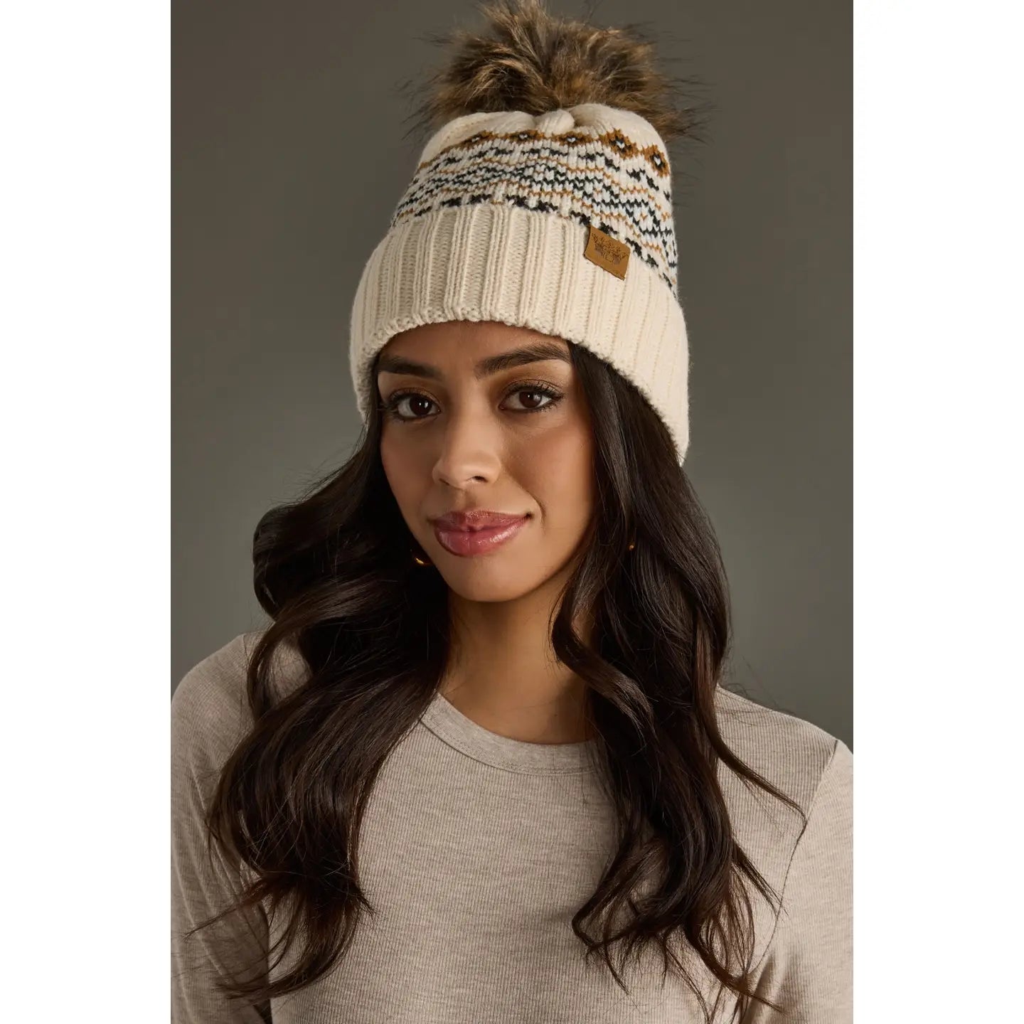 Cream, Black & Camel Patterned Pom Hat